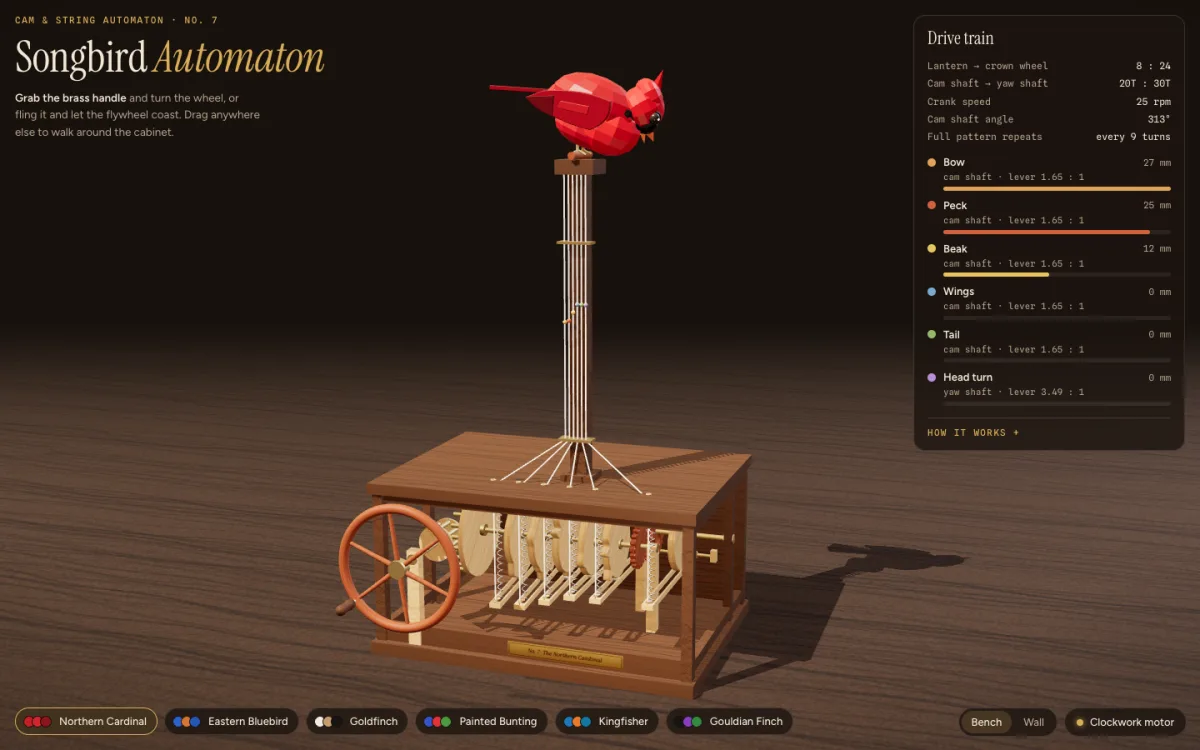Songbird Automaton: a red mechanical bird on a wooden cam cabinet