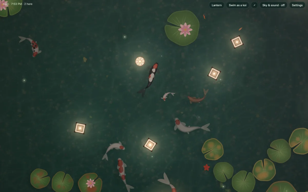 Koi World: a pond with koi, lily pads and floating lanterns